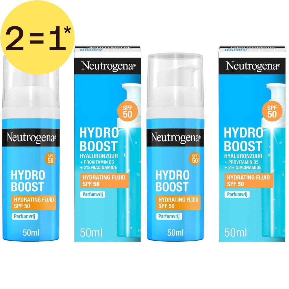 Vier flacons Neutrogena Hydro Boost Hydrating Fluid SPF 50 met pompdosering.