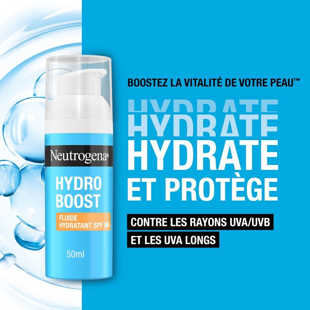 Fluide Hydratant Neutrogena Hydro Boost SPF 50 avec distributeur et texte.