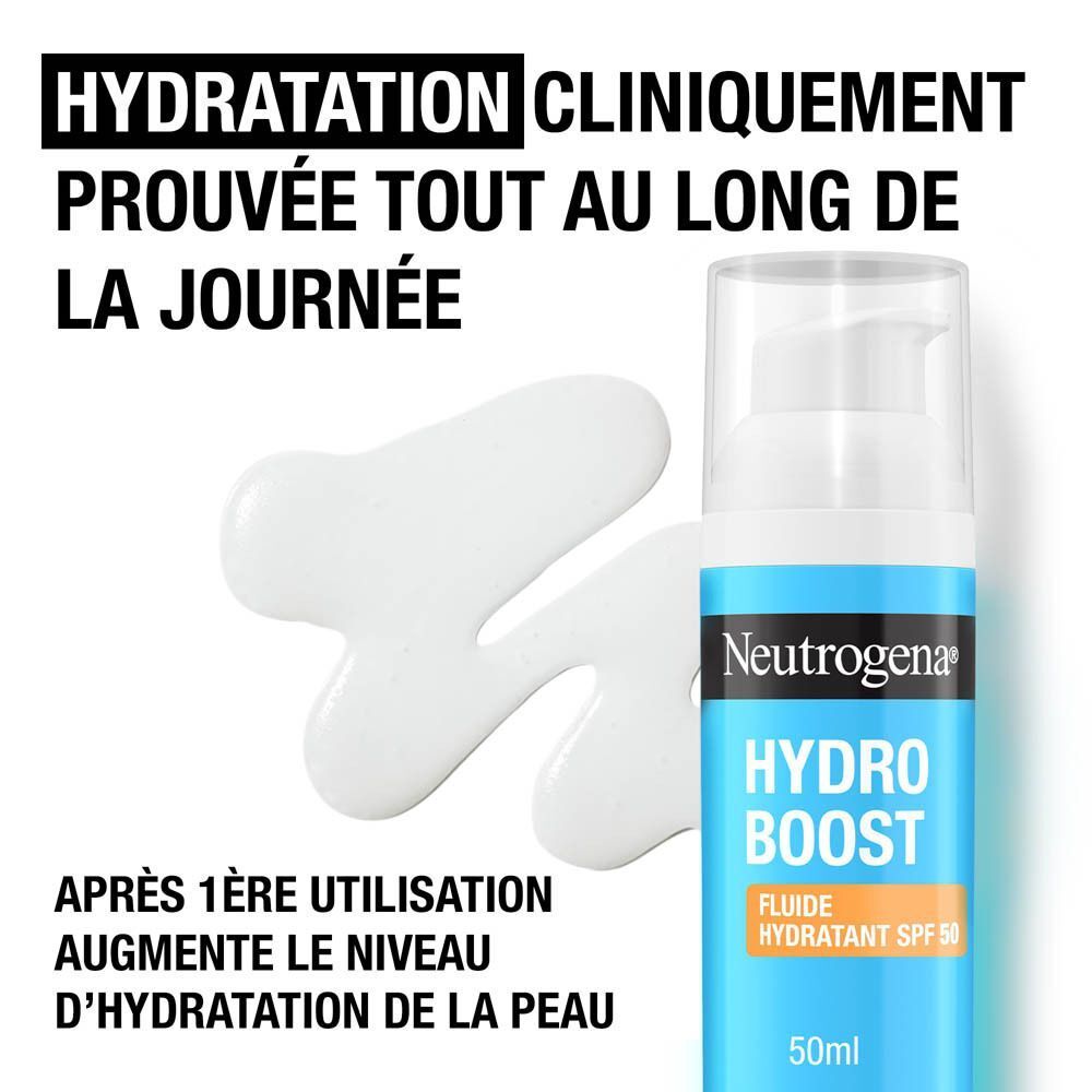 Fluide Hydratant Neutrogena Hydro Boost SPF 50 avec distributeur et texte sur la peau.