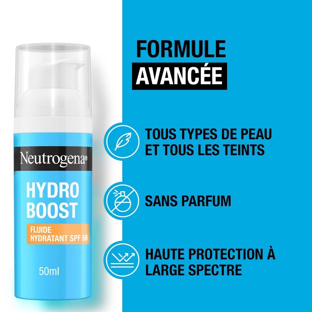 Fluide Hydratant Neutrogena Hydro Boost SPF 50 avec distributeur et caractéristiques du produit.