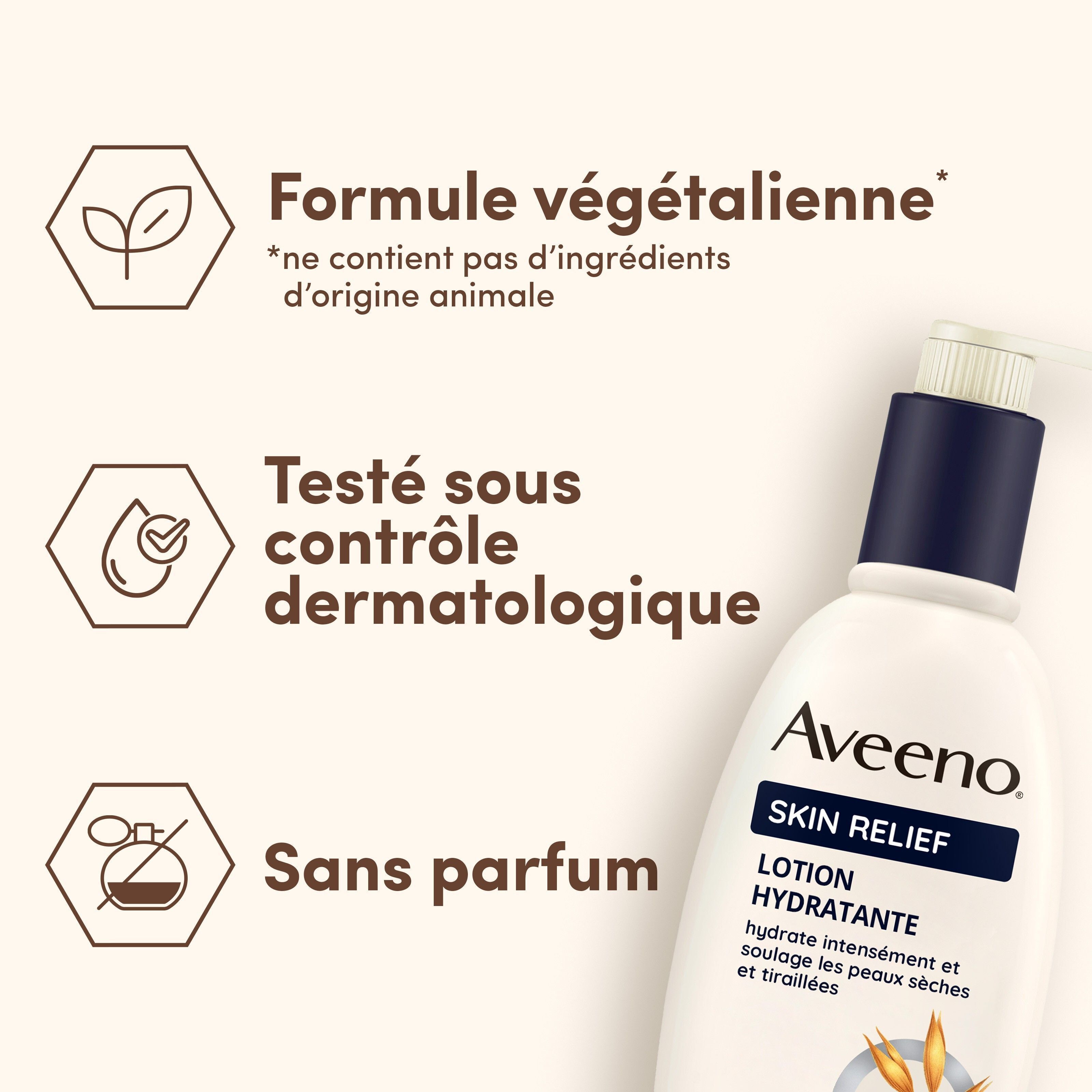 Lotion Aveeno Skin Relief : formule végétalienne, testée sous contrôle dermatologique, sans parfum.