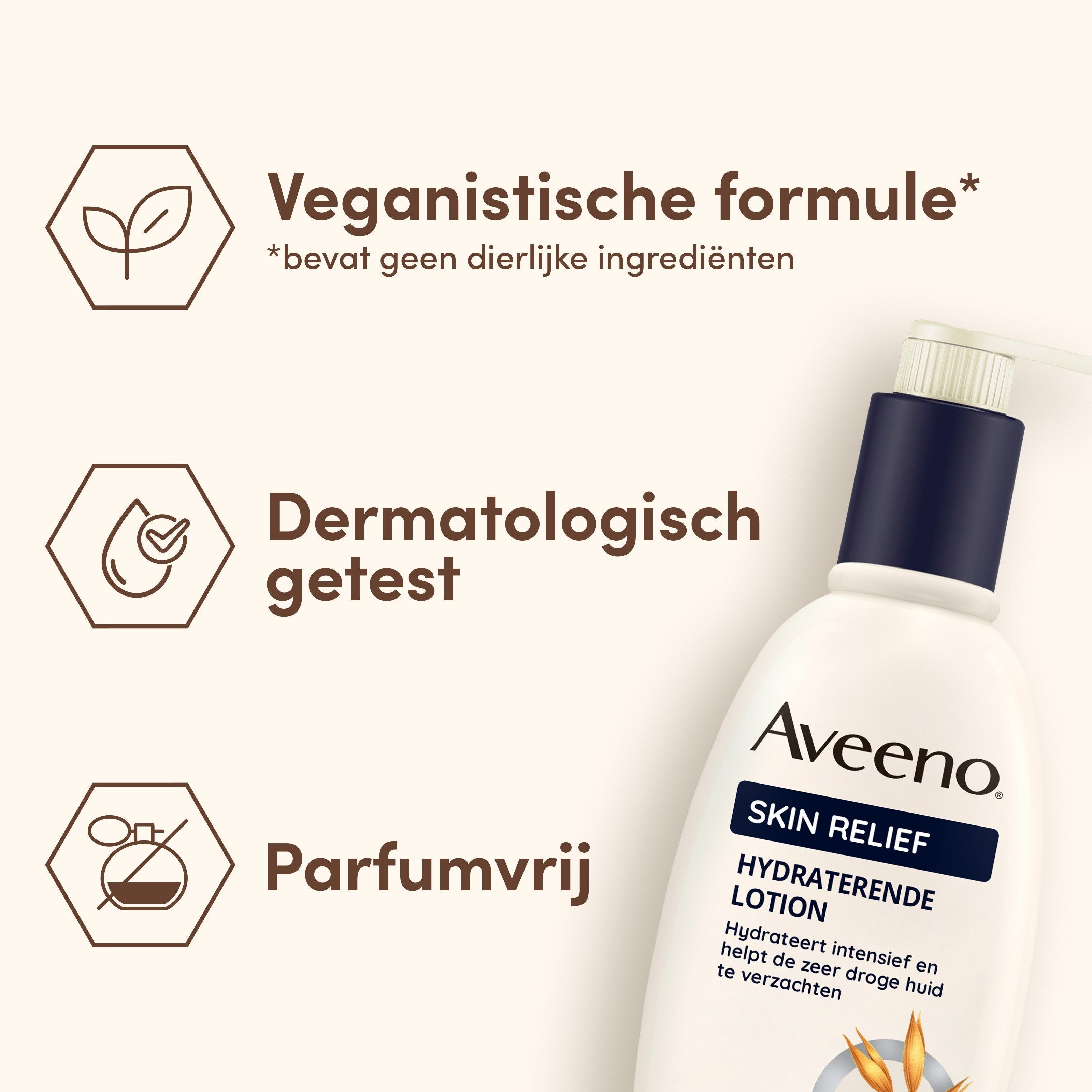 Aveeno Skin Relief Lotion: veganistische formule, dermatologisch getest, parfumvrij.