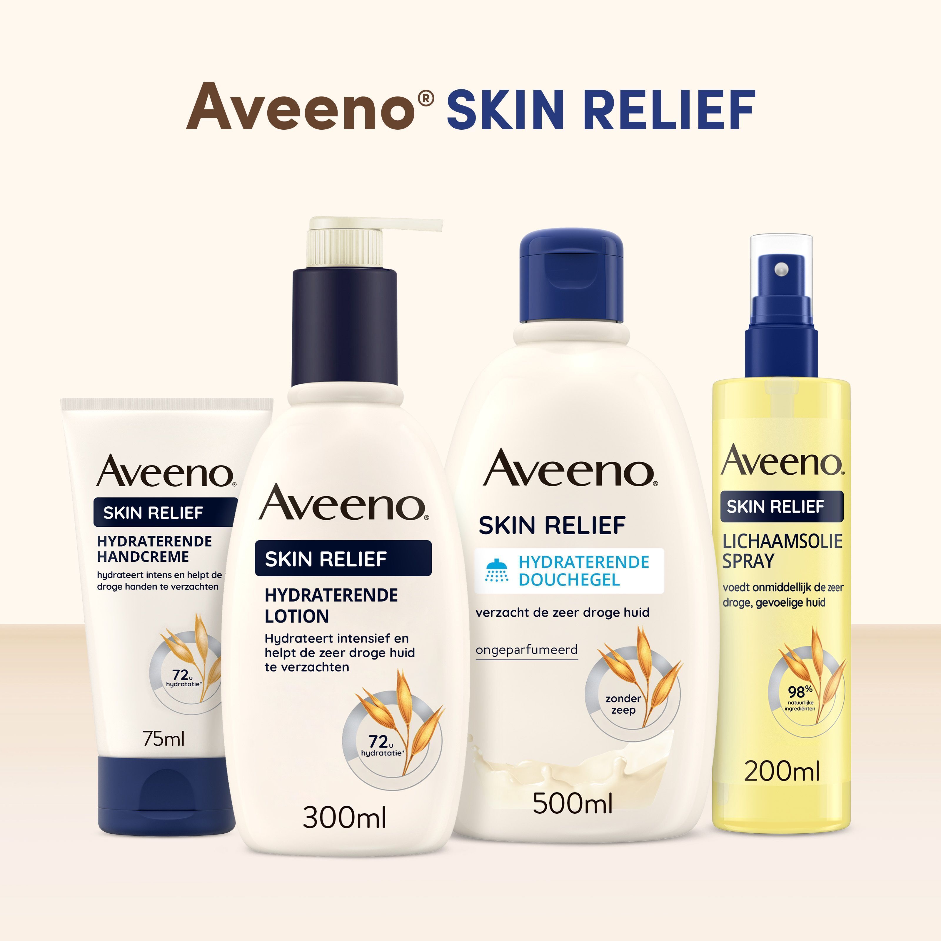 Vier Aveeno Skin Relief producten: handcrème, lotion, douchegel, lichaamsspray.