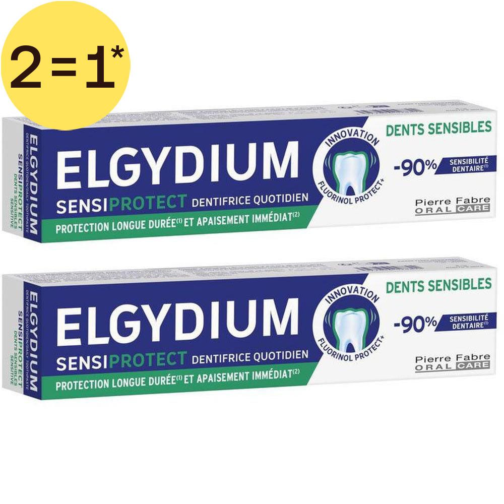 Deux paquets de dentifrice Elgydium Sensiprotect pour dents sensibles.