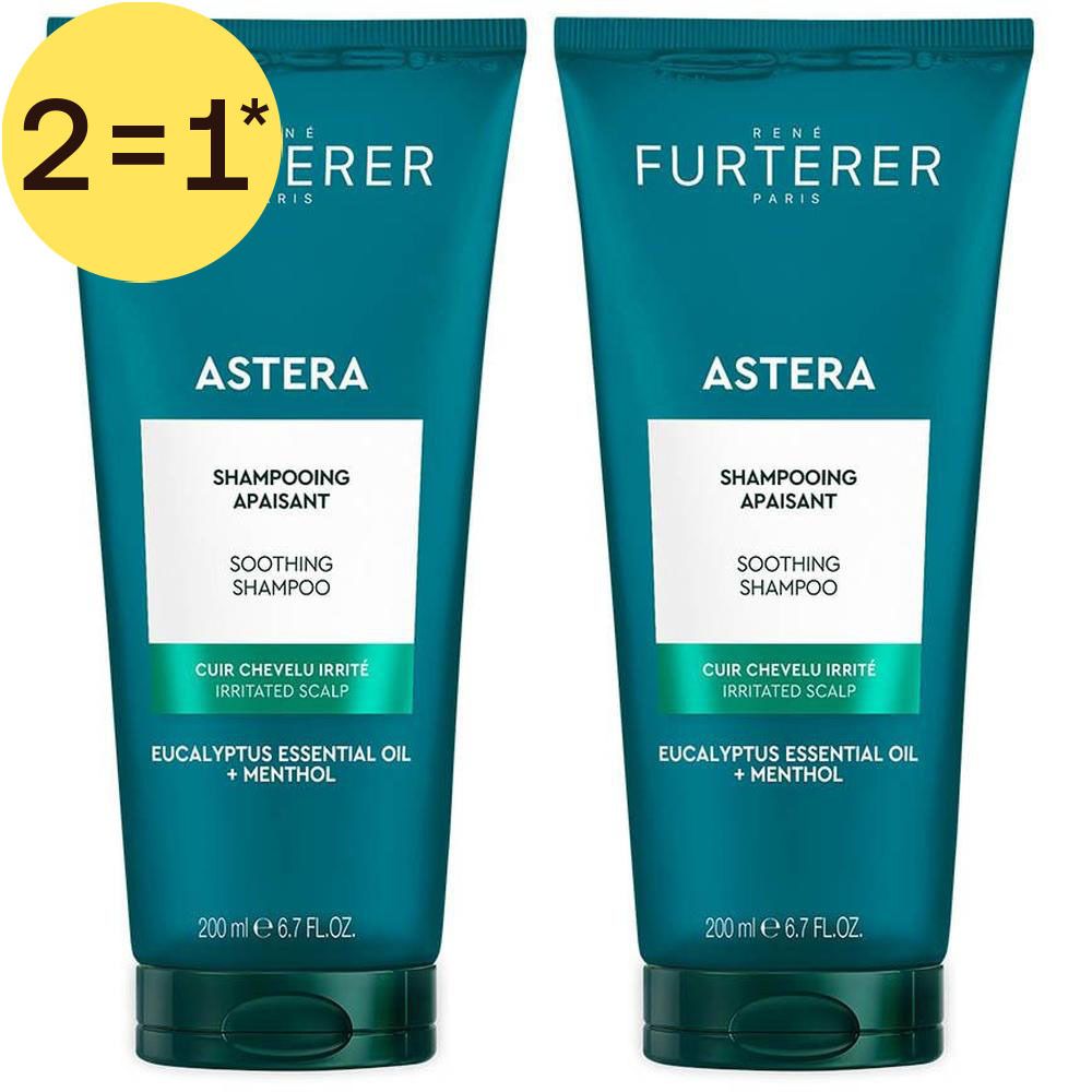 Deux flacons de shampooing apaisant René Furterer Astera pour cuir chevelu irrité, 200ml.