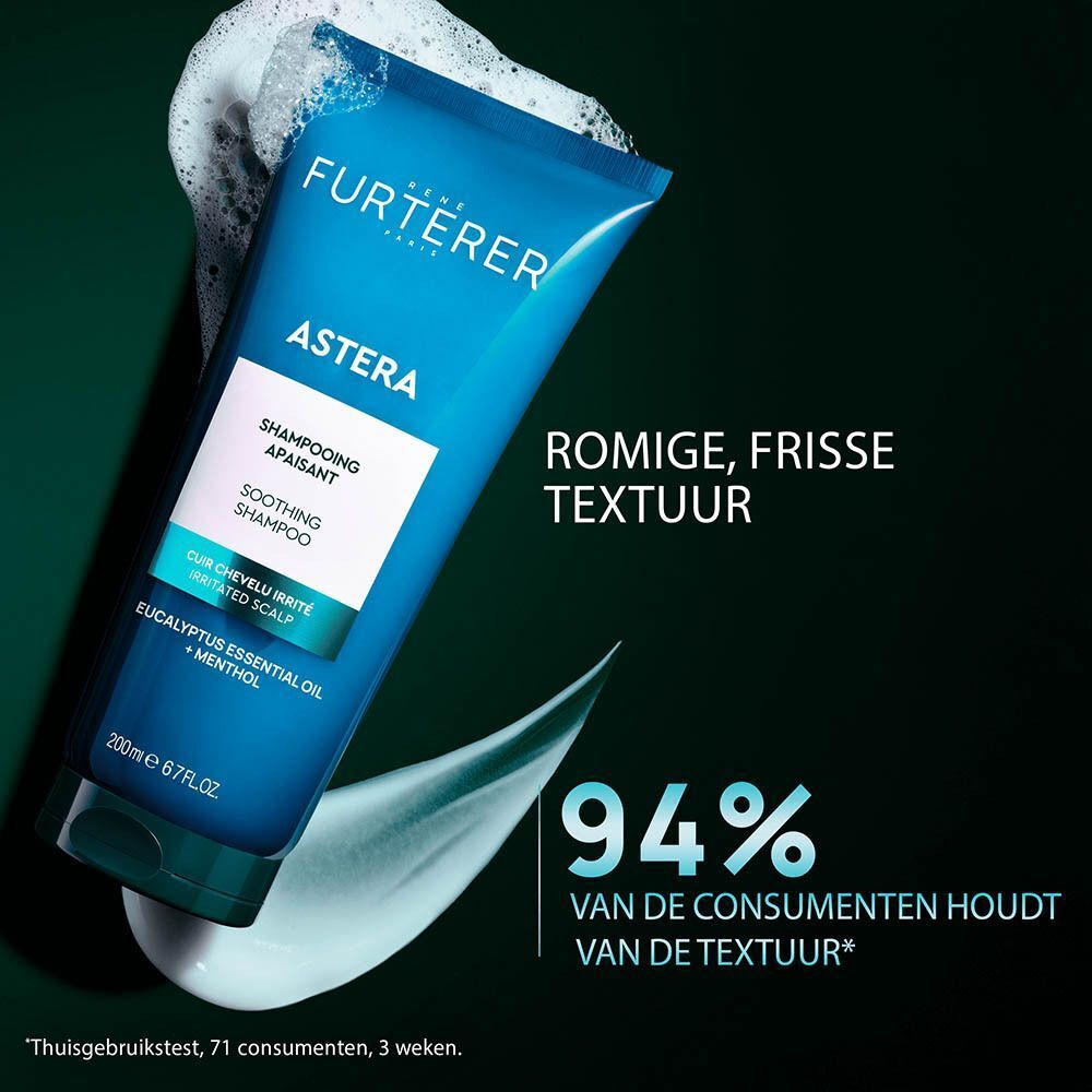 Fles René Furterer Astera kalmerende shampoo met eucalyptusolie en menthol, 200ml.