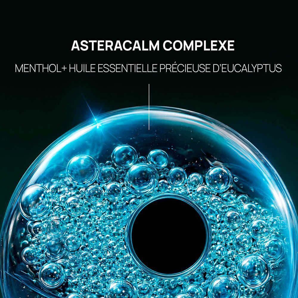 Image abstraite avec bulles bleues et texte : Asteracalm Complexe, Menthol + Huile Essentielle d'Eucalyptus.