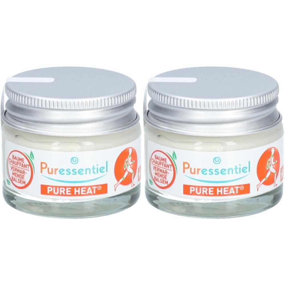 Twee potten Puressentiel Pure Heat balsem met zilveren deksels en etiketten met lopers erop.