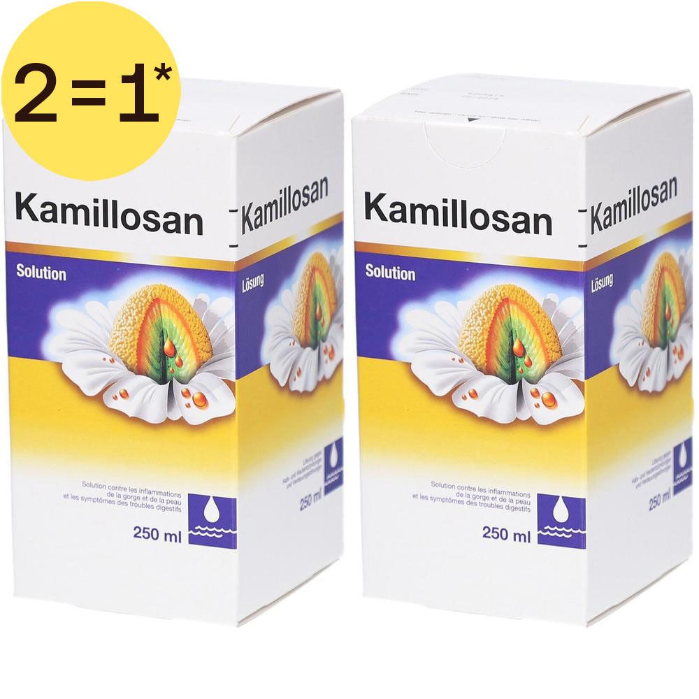 Twee verpakkingen Kamillosan Oplossing met kamillebloemmotief en 250 ml vermelding.