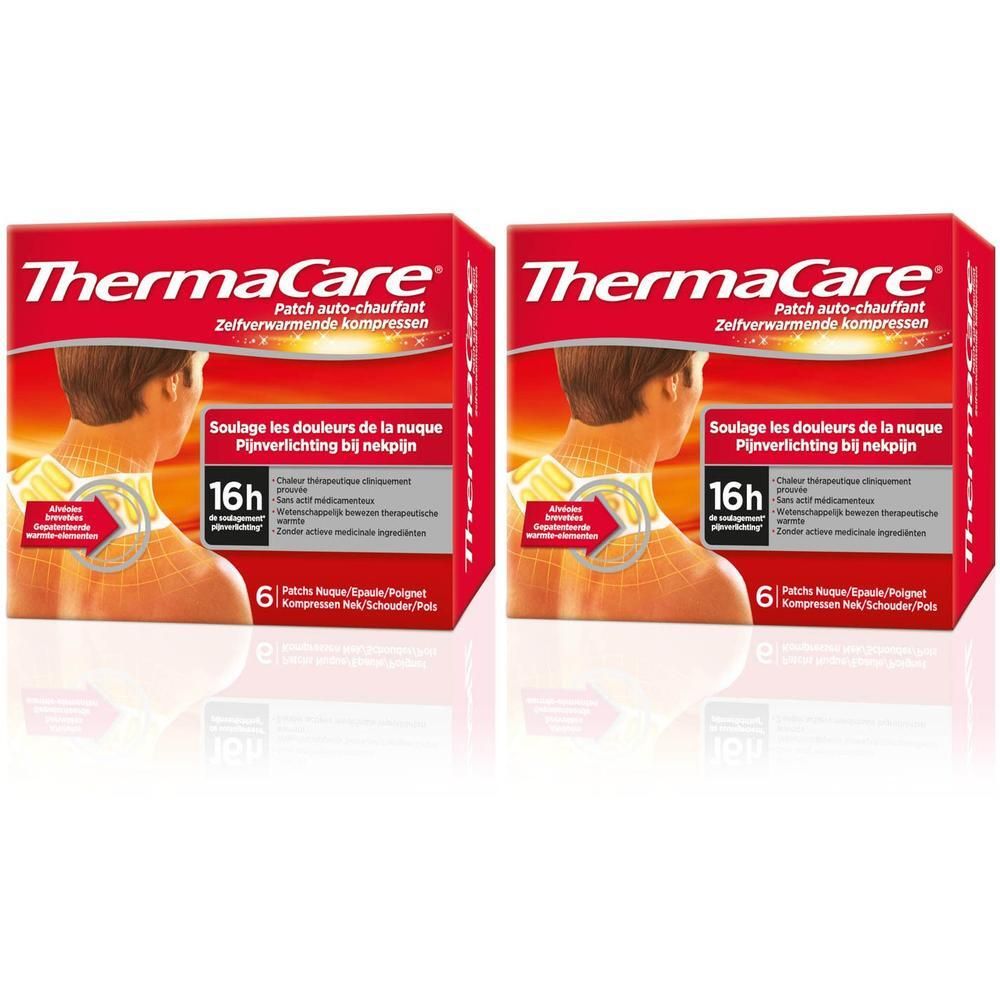Deux boîtes de patchs chauffants ThermaCare pour nuque, épaule et poignet. Chaque boîte contient 6 patchs.