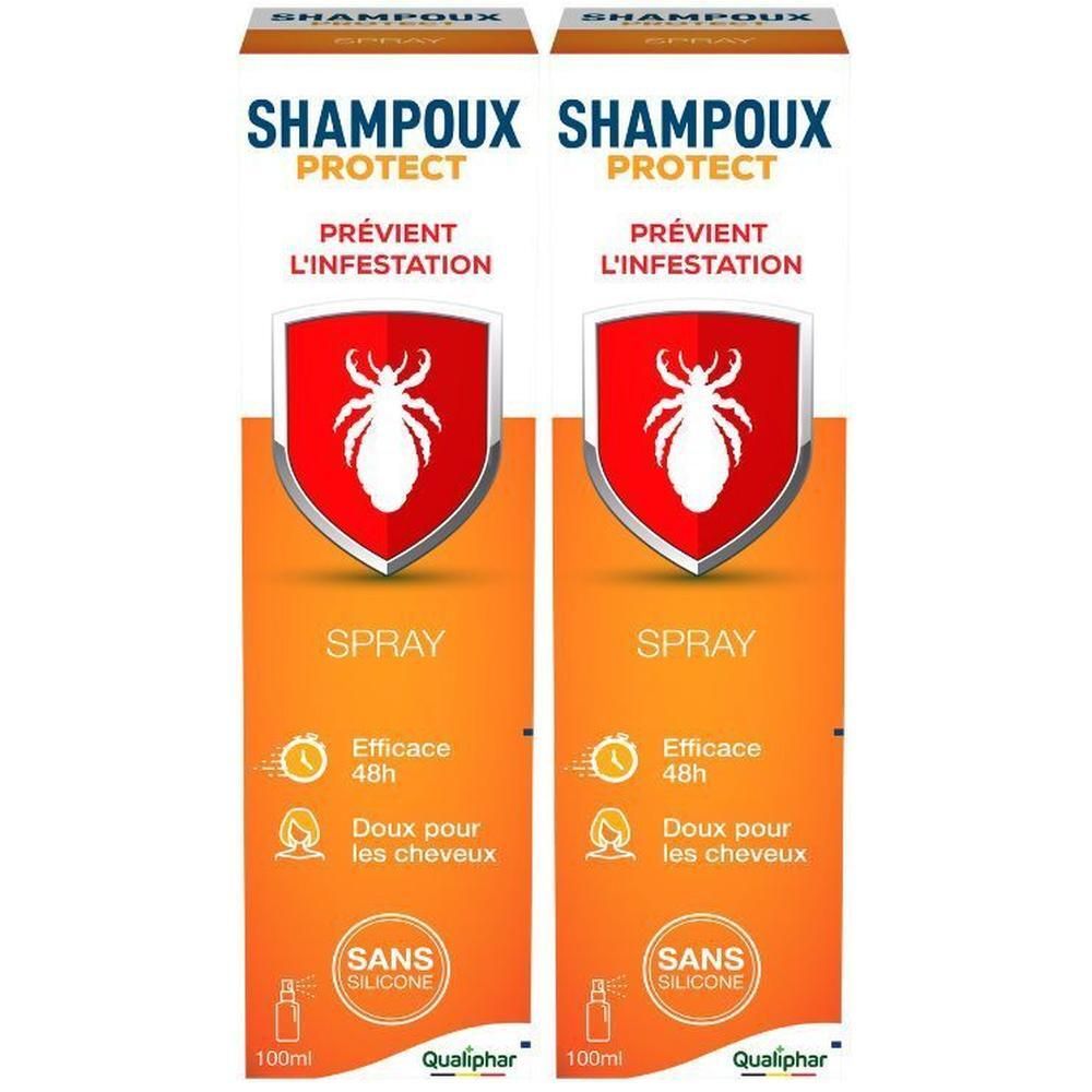 Shampoux Protect Spray: Deux flacons avec symbole de protection contre les poux. Efficacité 48h. Sans silicone.