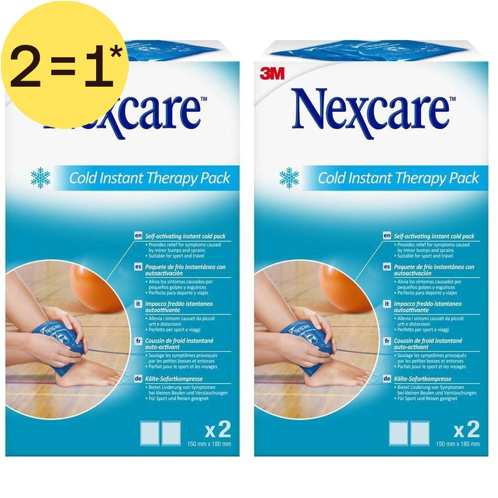 Twee Nexcare Cold Instant Therapy Packs, zelfactiverende koude kompressen.