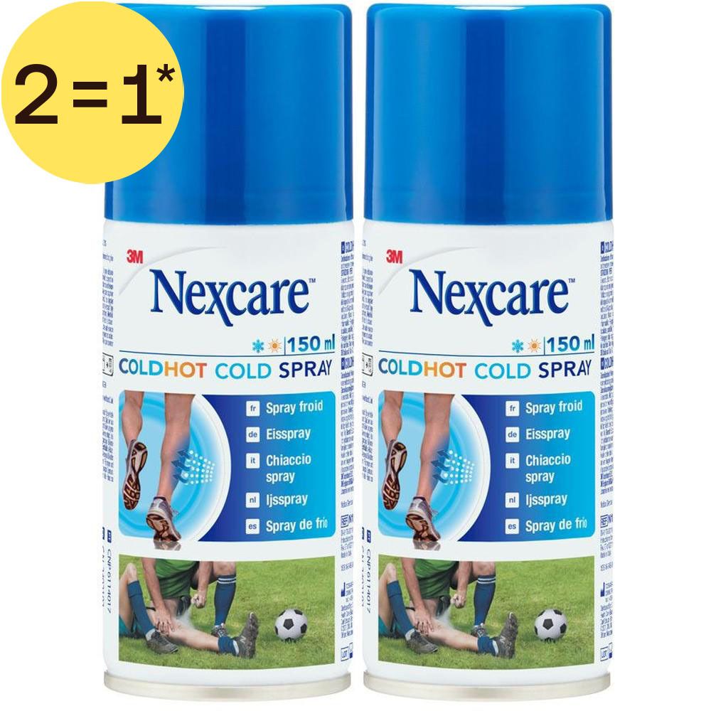 Twee Nexcare Coldhot Coldspray bussen van 150ml. Toont sportblessures en toepassing.