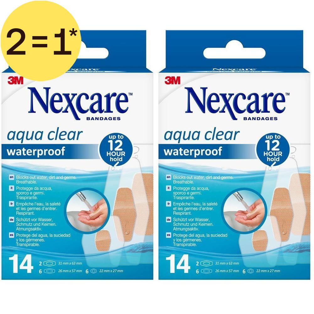 Pansements Nexcare Aqua Clear imperméables, 14 pansements, transparents, 6 de 26x67mm, 8 de 22x27mm.