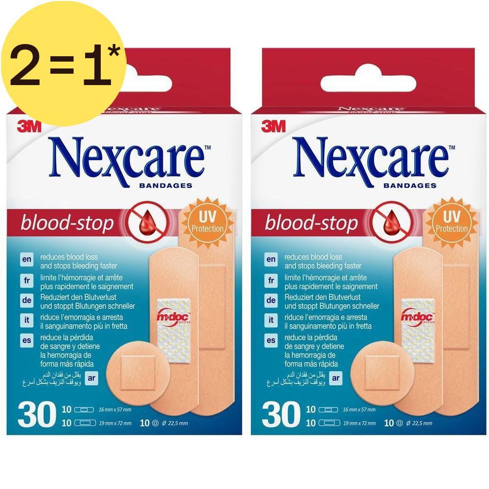 Deux paquets de pansements Nexcare Blood Stop, 30 pansements par paquet.