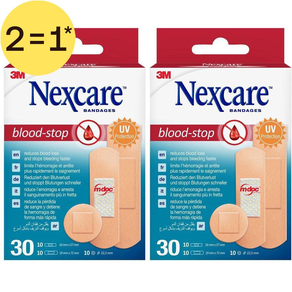 Twee pakken Nexcare bloedstop pleisters, 30 pleisters per pak.