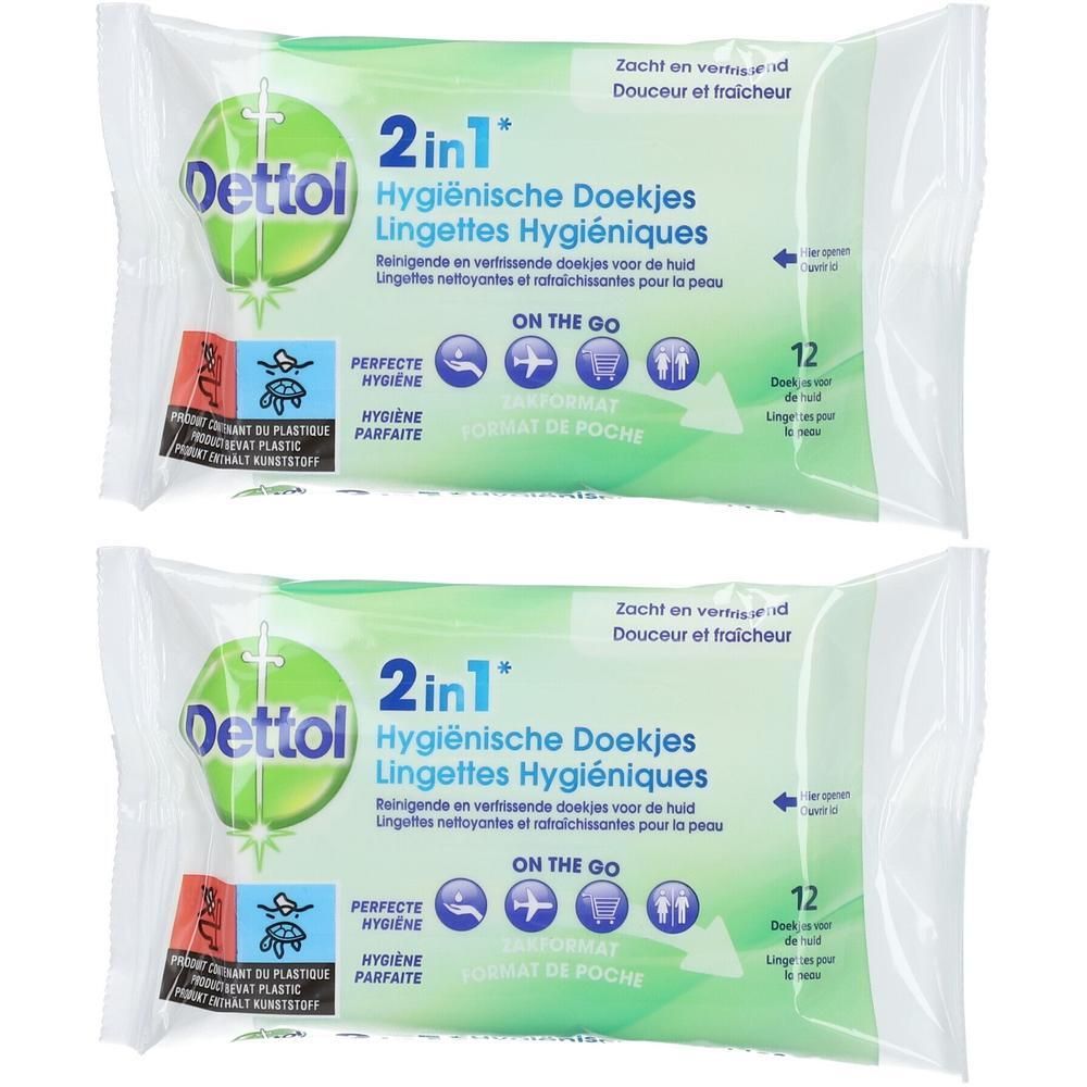 Deux paquets de lingettes hygiéniques Dettol 2-en-1. Chaque paquet contient 12 lingettes.
