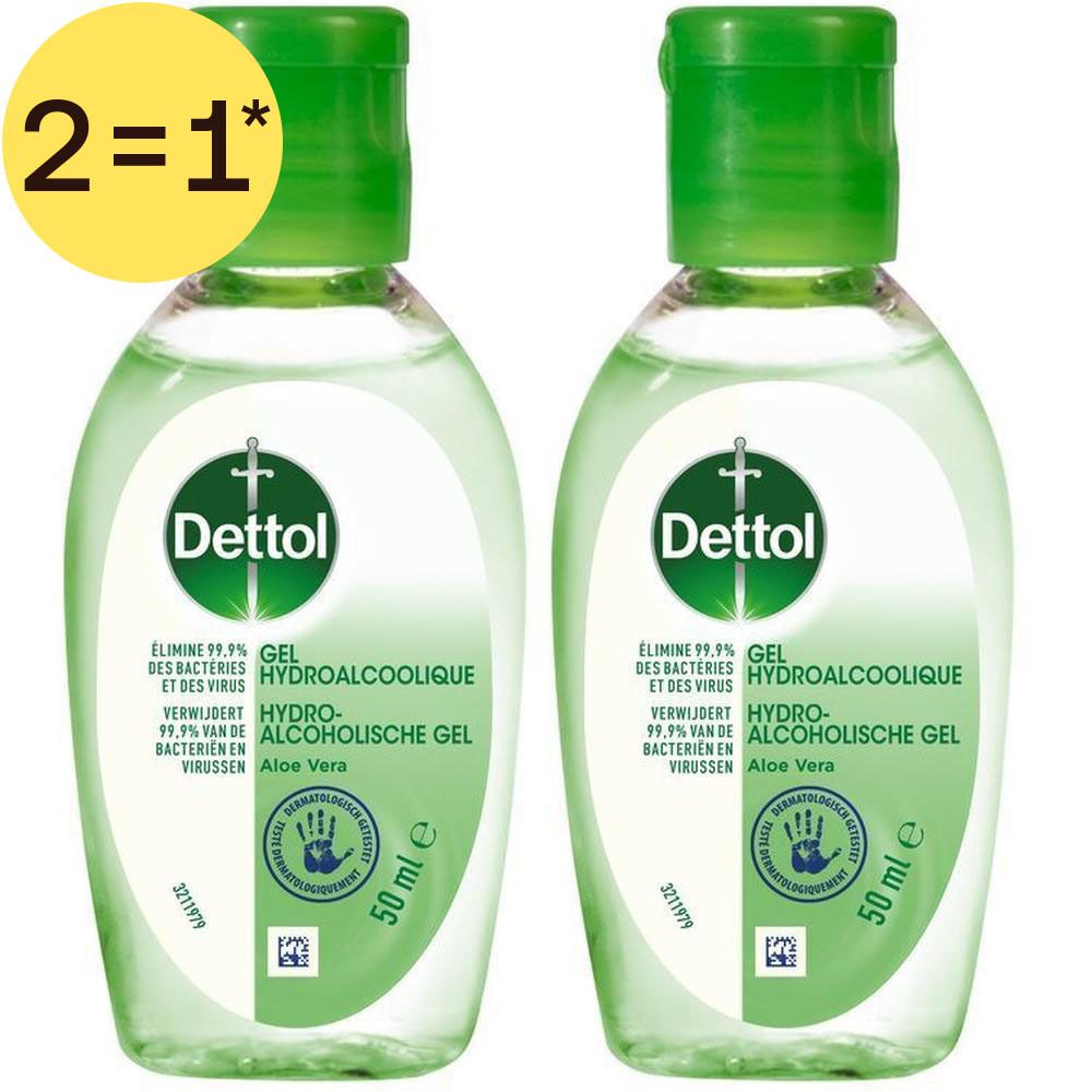 Twee flacons Dettol Hydro-alcoholische gel met aloë vera, 50 ml.