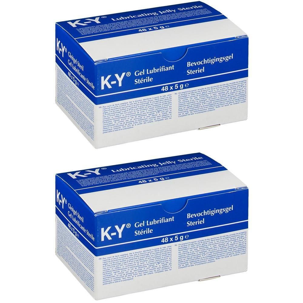 Deux boîtes de gel lubrifiant K-Y, stérile. Chaque boîte contient 48 x 5g.