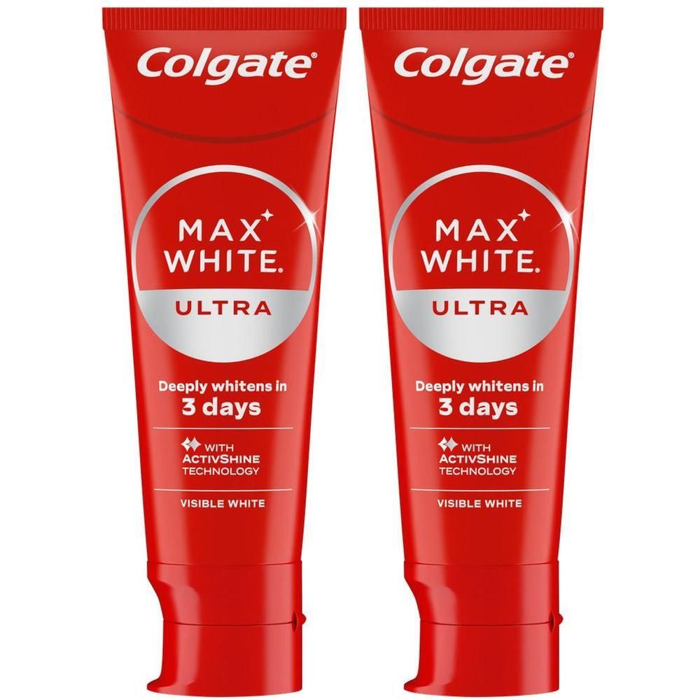 Deux tubes rouges de dentifrice Colgate Max White Ultra, promettant un blanchiment.