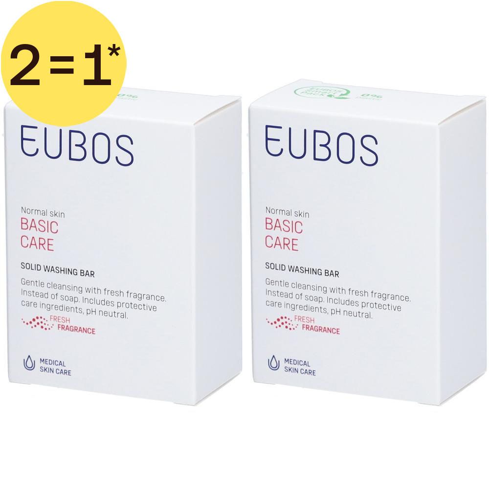 Deux paquets de pains lavants solides EUBOS BASIC CARE pour peau normale.