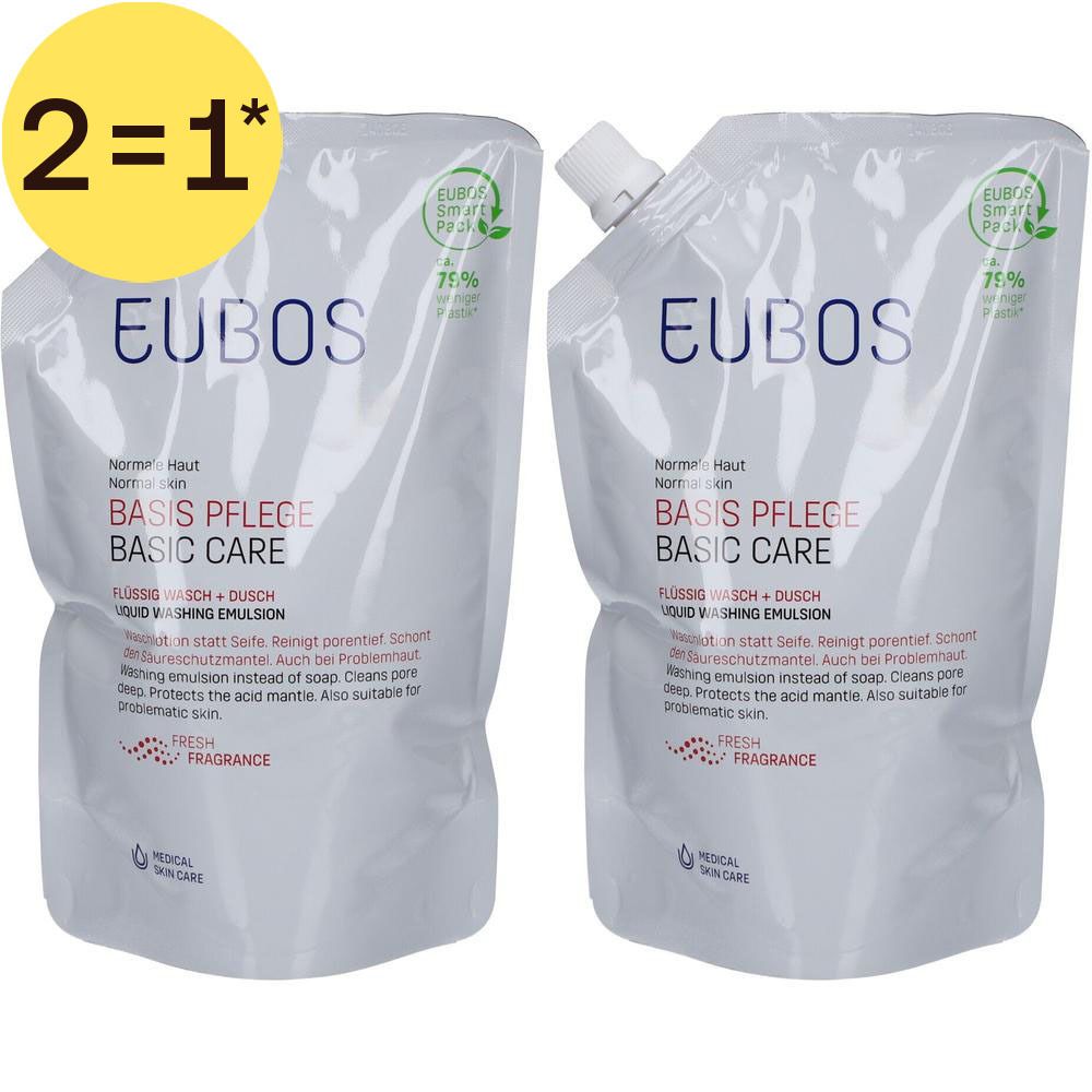 Deux recharges Eubos Basis Pflege Émulsion liquide lavante + douche.