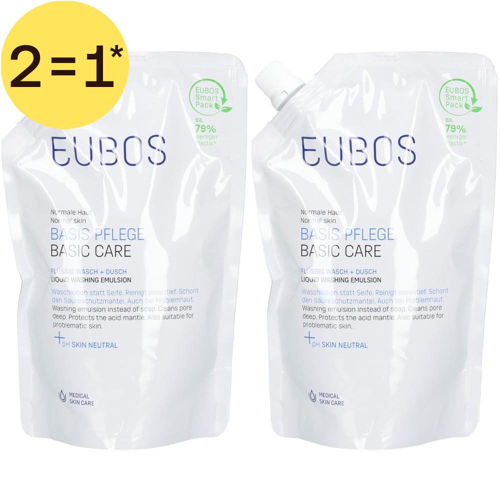 Deux recharges EUBOS BASIC CARE d'émulsion lavante liquide. Blanc avec inscription bleue.