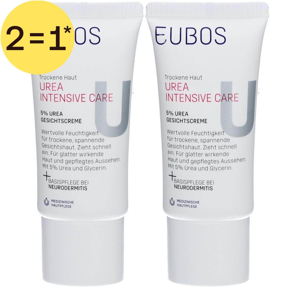 Deux tubes de crème visage Eubos Urea 5% pour peau sèche. Contient 5% d'urée et de glycérine.