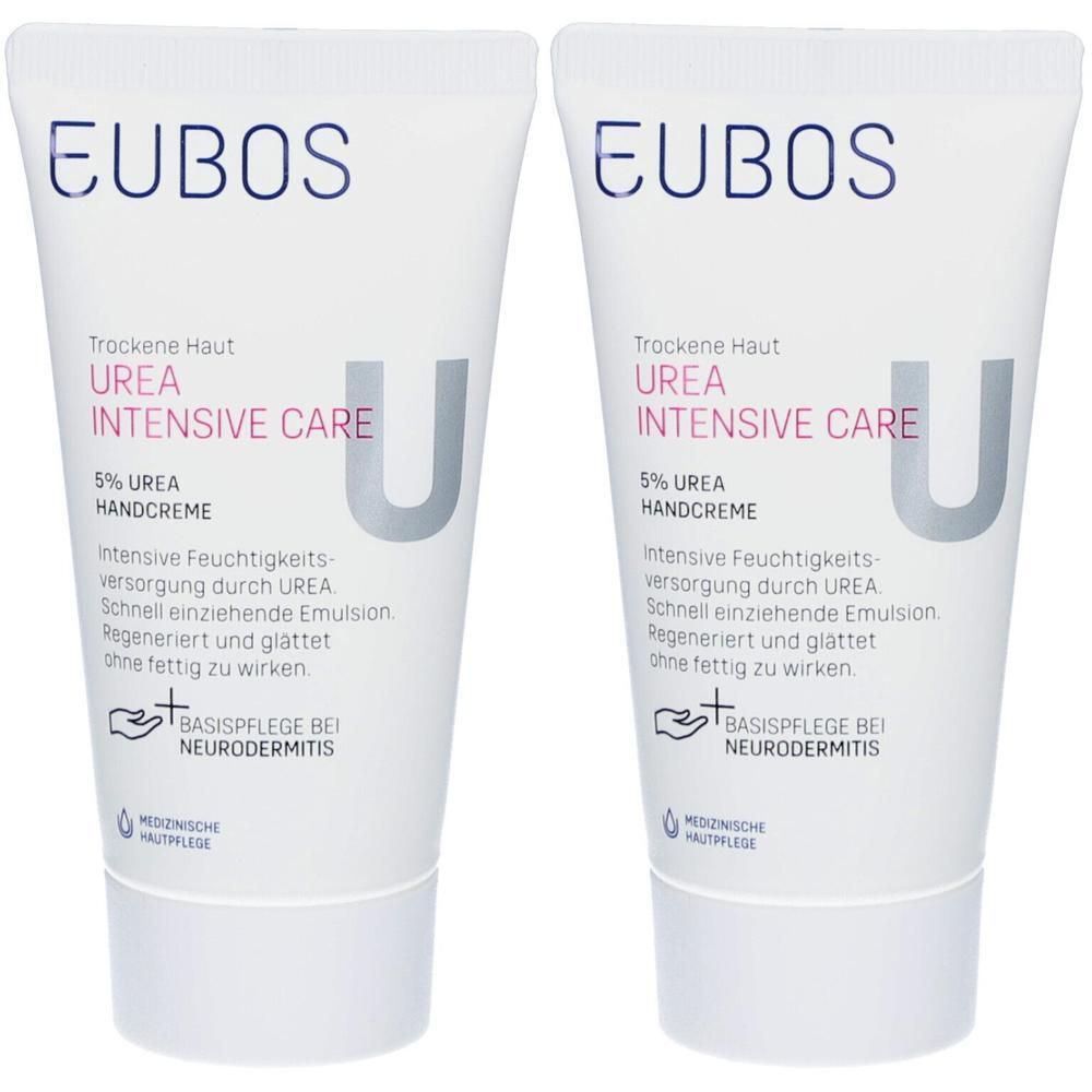 Twee tubes Eubos Urea 5% handcrème voor de droge huid.