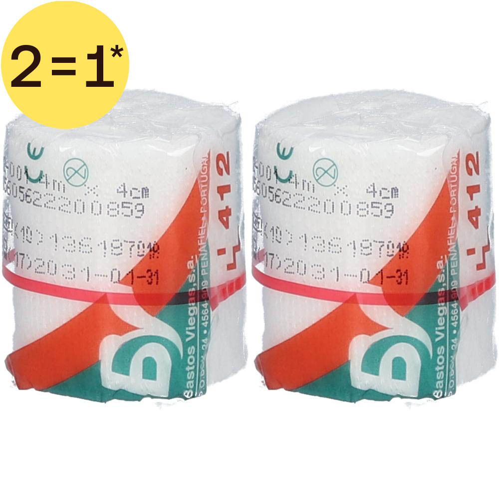 Twee rollen elastisch verband, 4 cm breed. Wit met oranje en groene accenten.