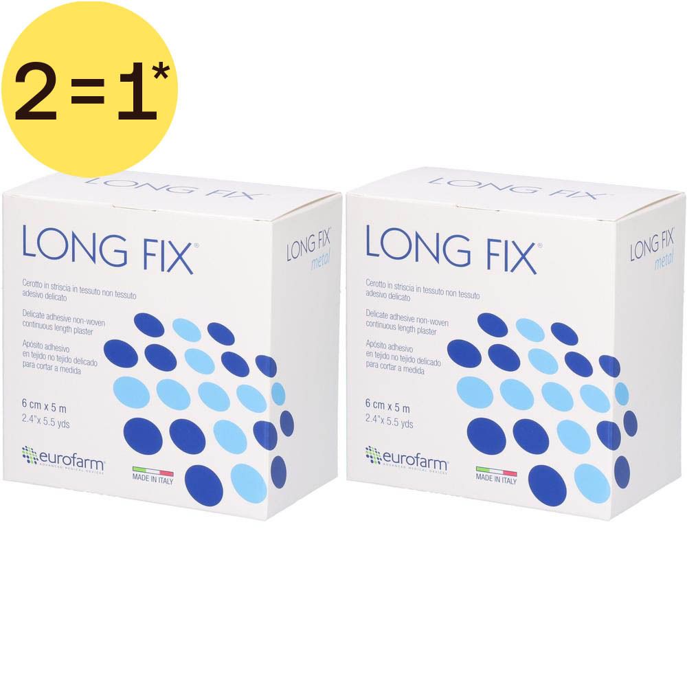 Deux boîtes de Long Fix pansement, 6cm x 5m. Points bleus et bleu clair sur carton blanc.
