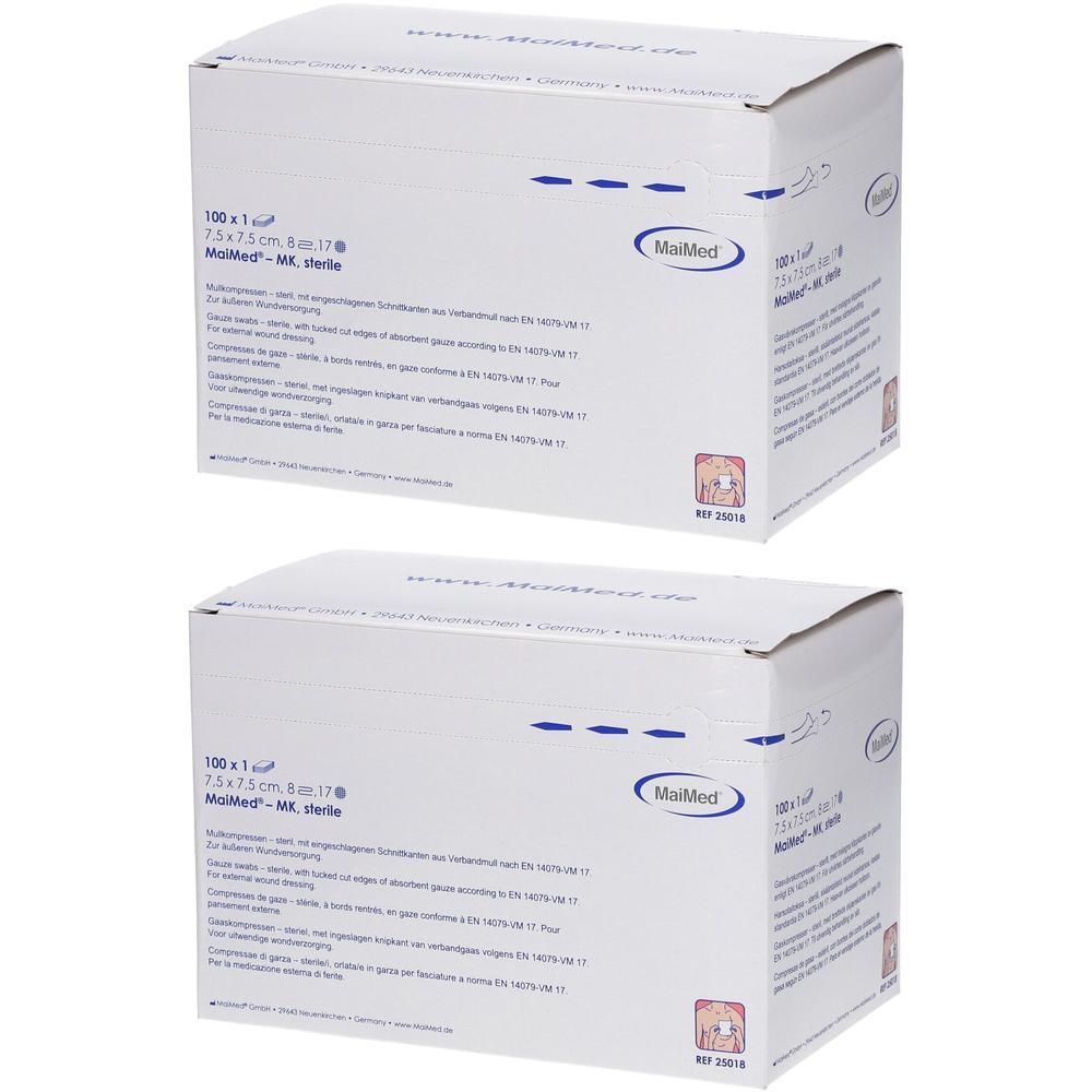 Deux boîtes de compresses stériles MaiMed 7,5x7,5cm. Chaque boîte contient 100 compresses.