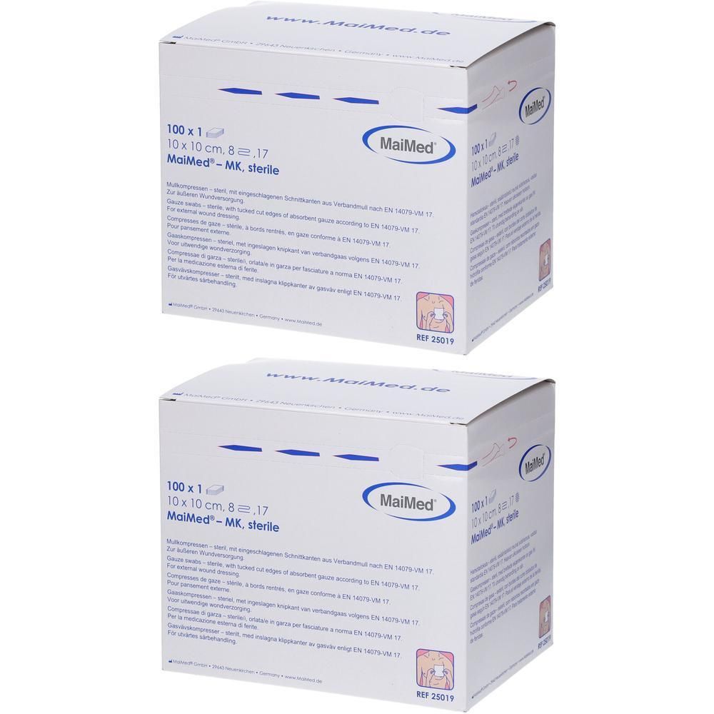 Deux paquets de compresses stériles MaiMed 10x10cm.