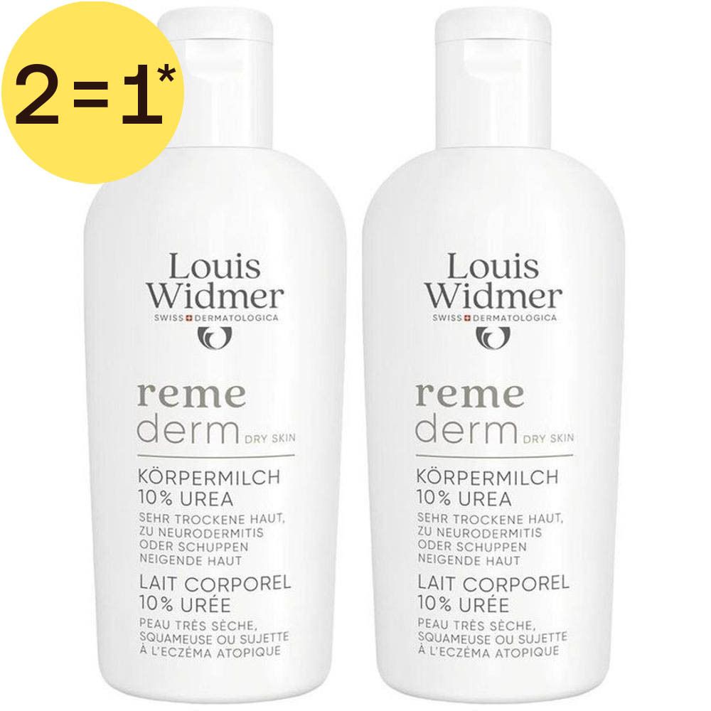 Deux flacons de Lait corporel Louis Widmer Remederm 10 % Urée pour peau sèche.