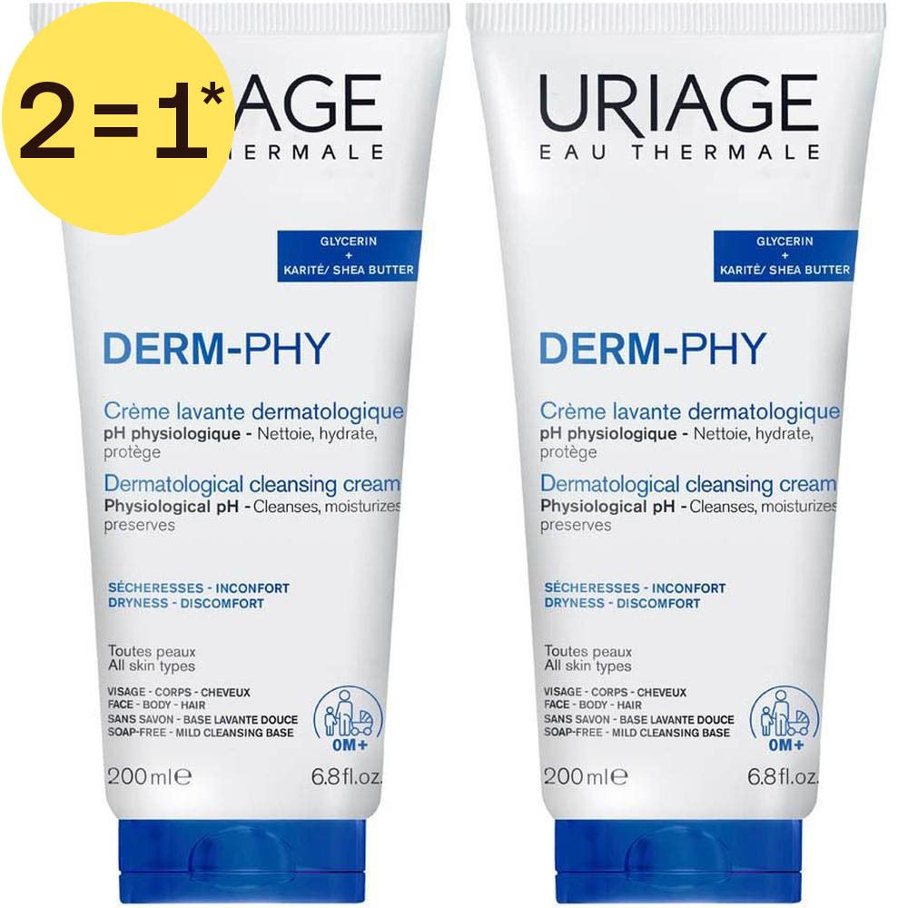 Twee Uriage Derm-Phy dermatologische reinigingscrèmes, 200ml.