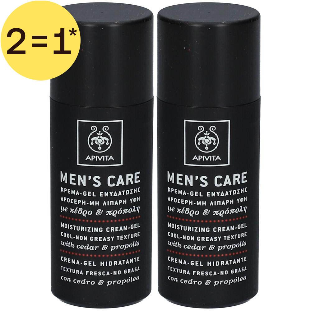 Twee zwarte dispensers met Apivita Men Care hydraterende crème-gel.