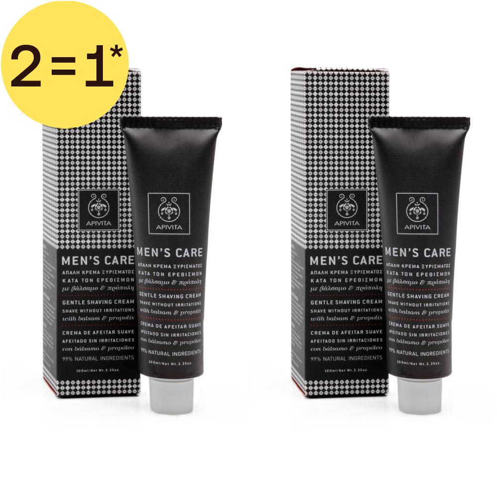 Twee tubes Apivita Men's Care scheercrème met doosjes. Zwarte tubes met witte tekst en logo.