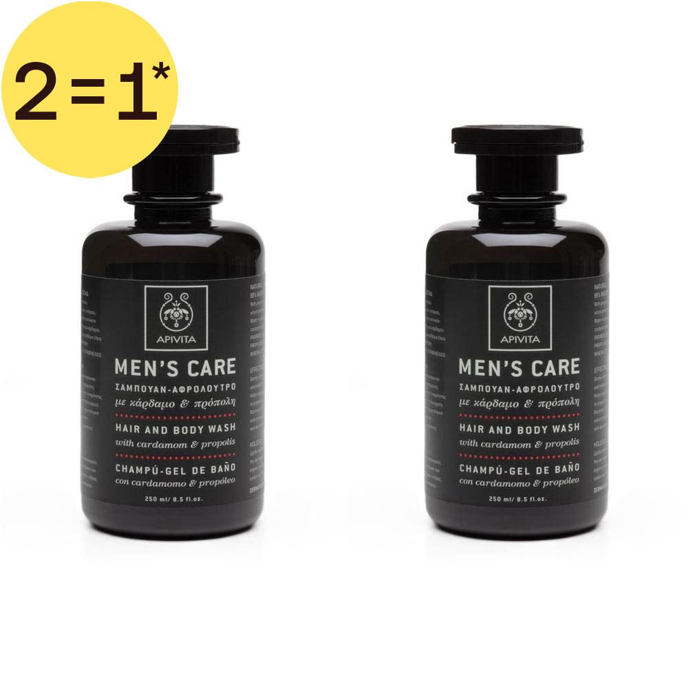 Deux flacons de gel douche cheveux et corps Apivita Men's Care avec cardamome et propolis.