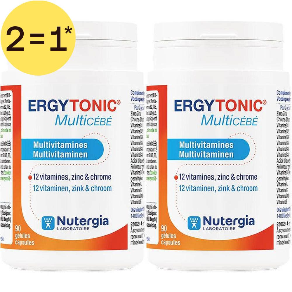 Twee potten Nutergia Ergytonic Multicébé Multivitaminen. Elke pot bevat 90 capsules.