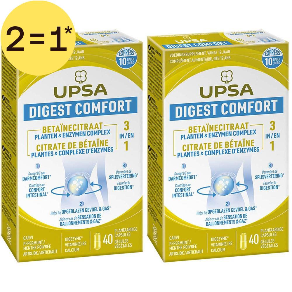 Deux boîtes de UPASA Digest Comfort avec citrate de bétaïne, complexe plantes et enzymes. 40 gélules végétales par boîte.