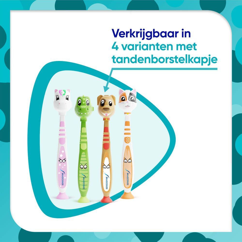 Vier Sensodyne Pro-Email tandenborstels met tandenborstelkapjes en dierenontwerpen.