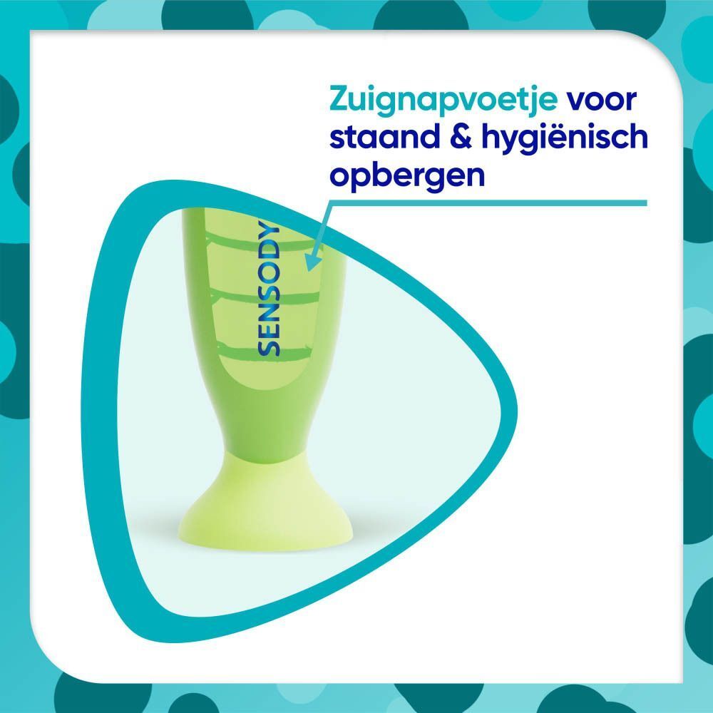 Sensodyne Pro-Email tandenborstel voor kinderen met zuignap voor rechtopstaande, hygiënische opslag.