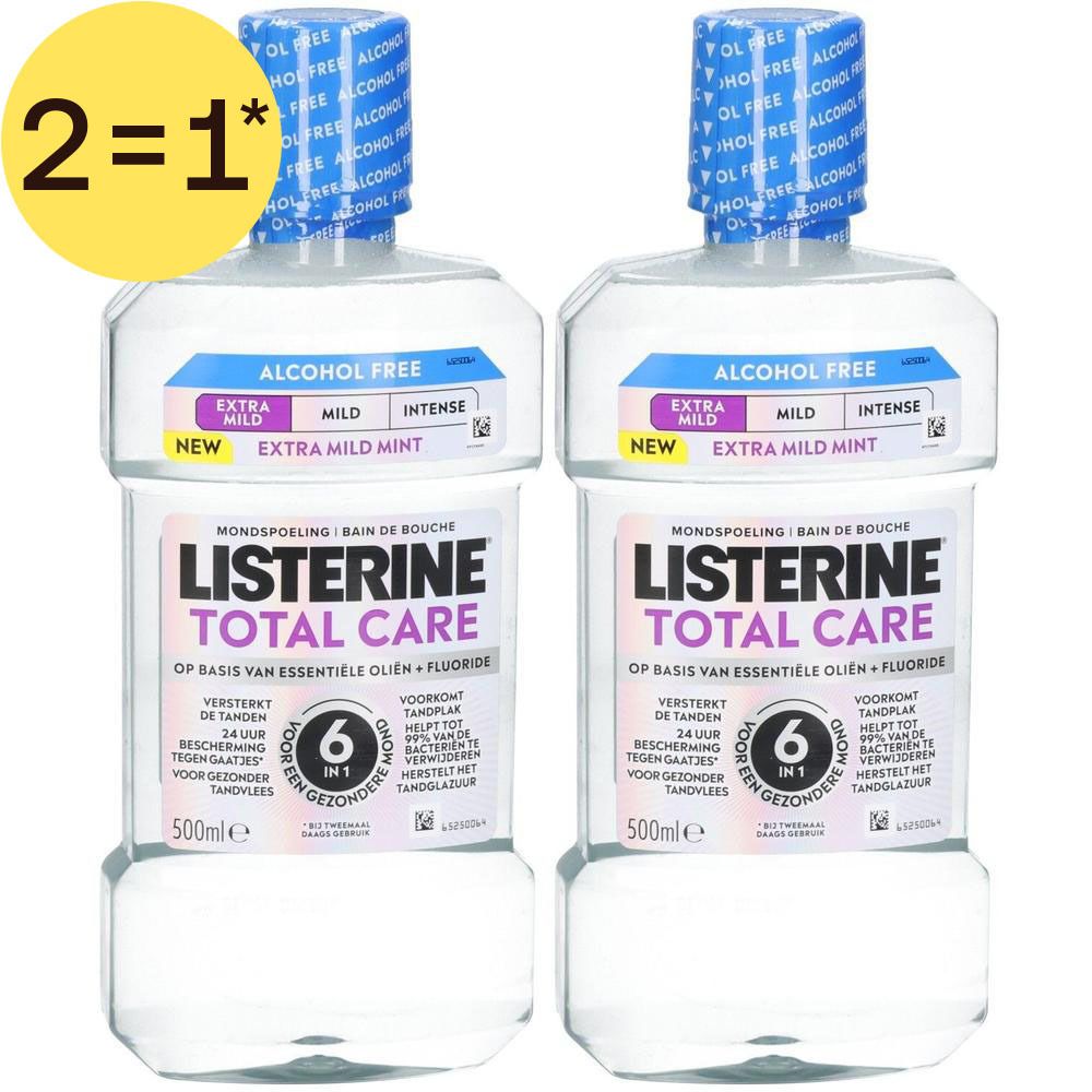Twee flessen Listerine Total Care alcoholvrij, Extra Mild Mint, 500ml.