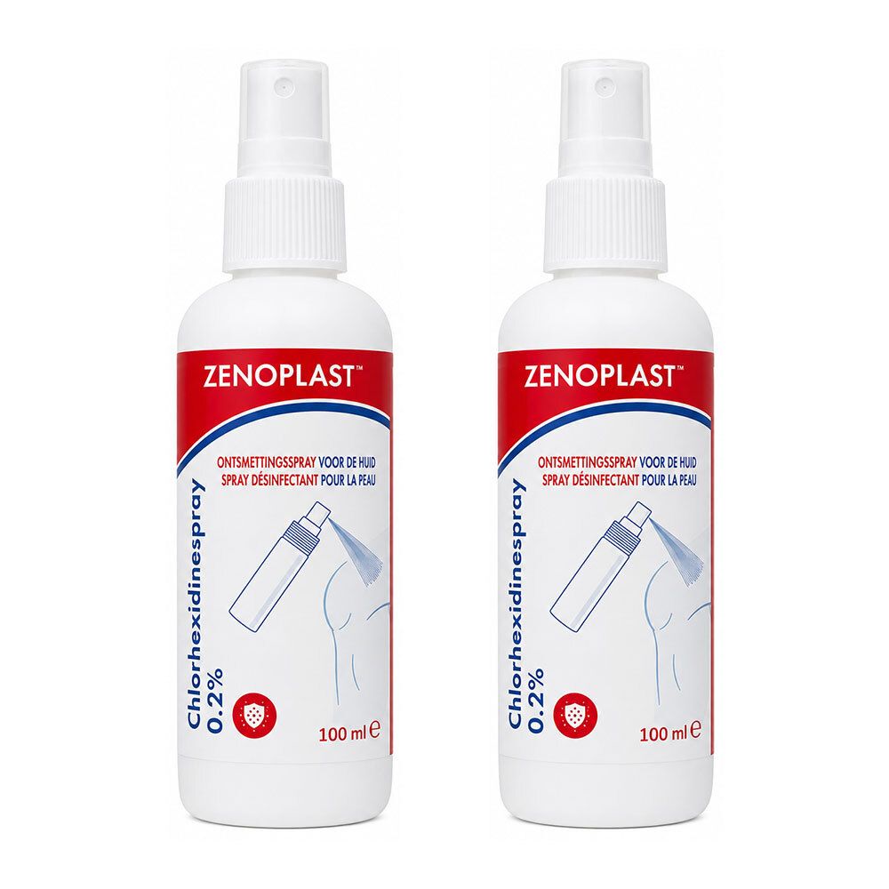 Deux flacons de spray désinfectant pour la peau Zenoplast à la chlorhexidine, 100 ml chacun.