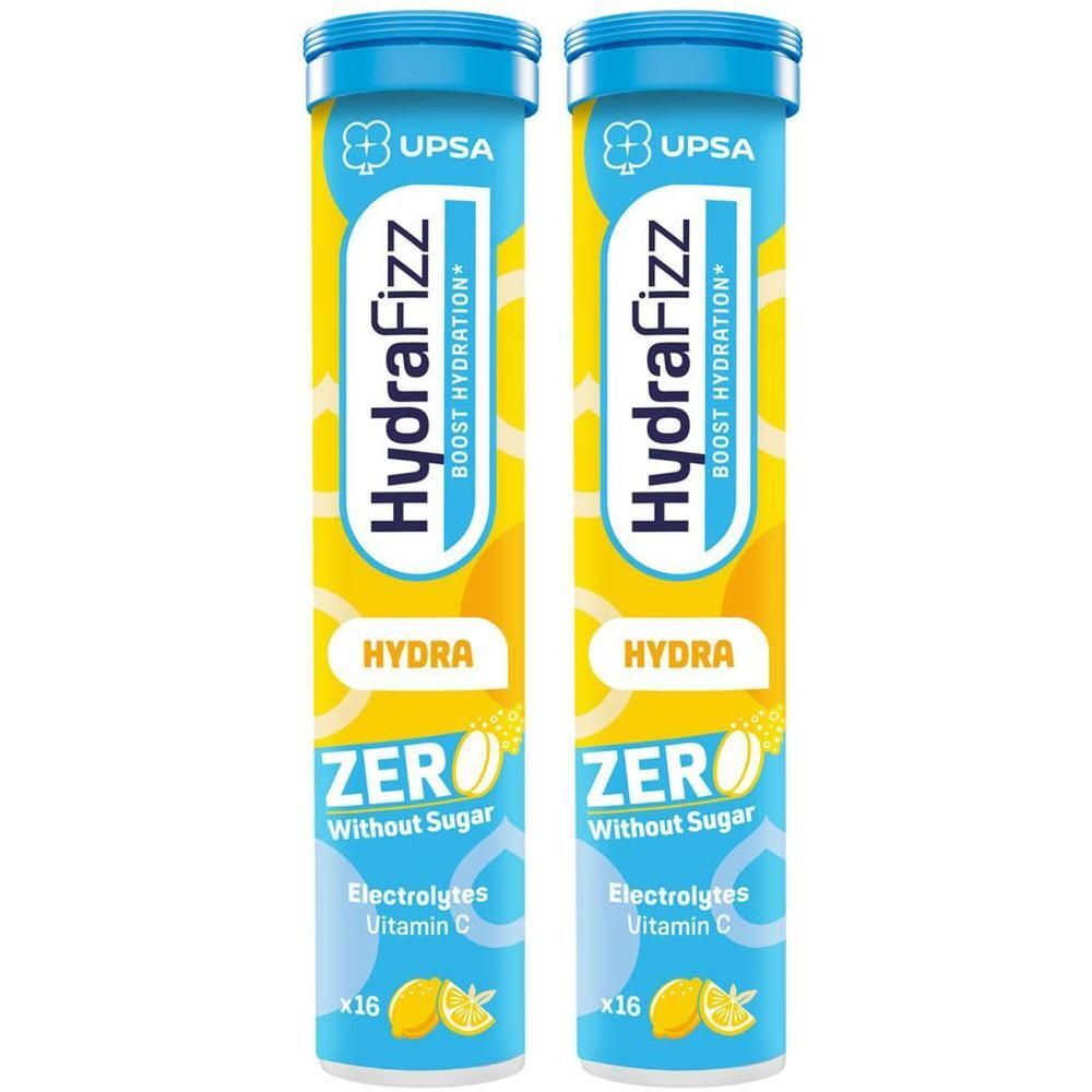 Twee tubes HydraFizz Zero citroen, 16 bruistabletten per tube, elektrolyten, vitamine C.
