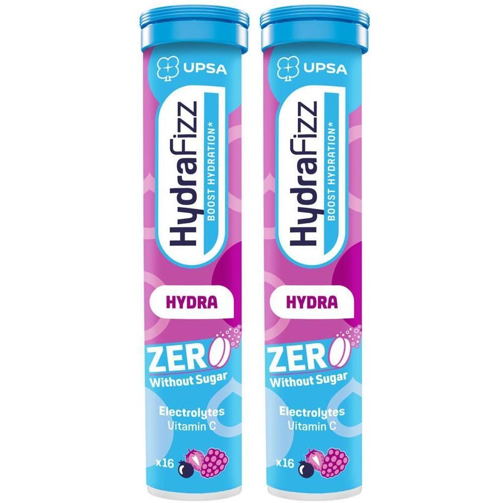 Twee tubes HydraFizz Zero met bessen, 16 bruistabletten per tube, elektrolyten, vitamine C.