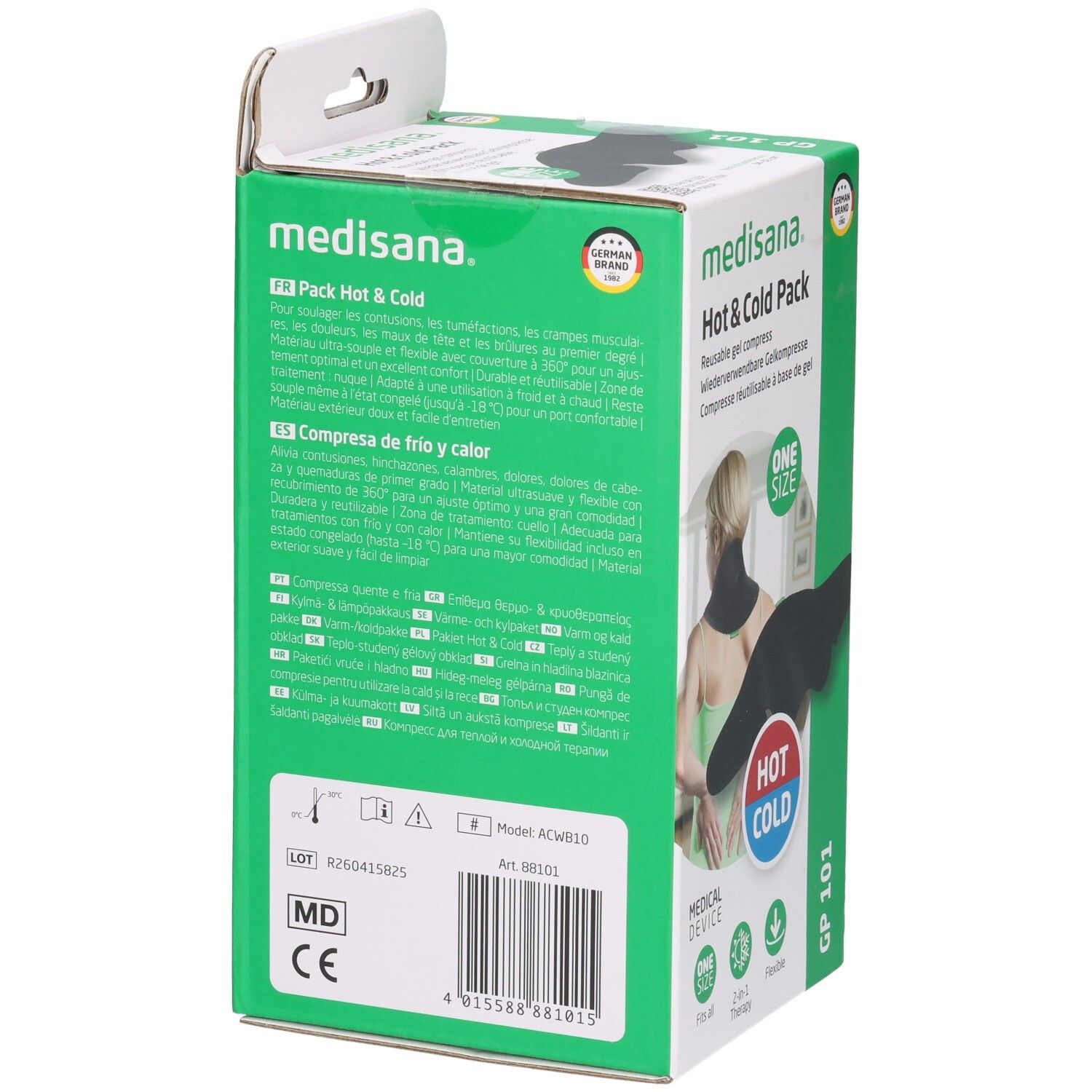 Achterkant Medisana Hot & Cold Pack nekkussen met gebruiksinstructies en productinformatie.