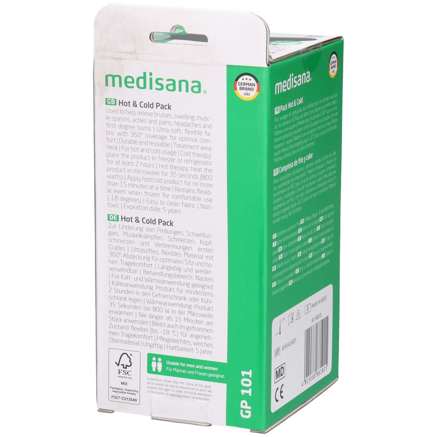 Zijde Medisana Hot & Cold Pack nekkussen met gedetailleerde gebruiksinstructies in meerdere talen.