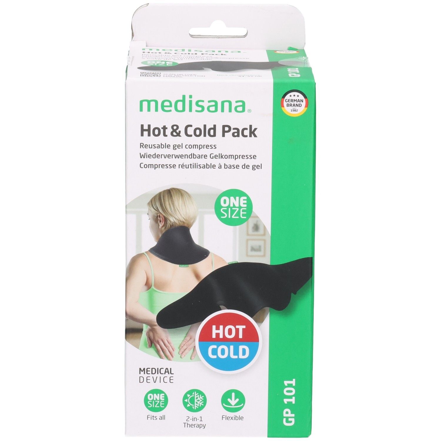 Voorkant Medisana Hot & Cold Pack nekkussen, toont toepassing op nek en rug.