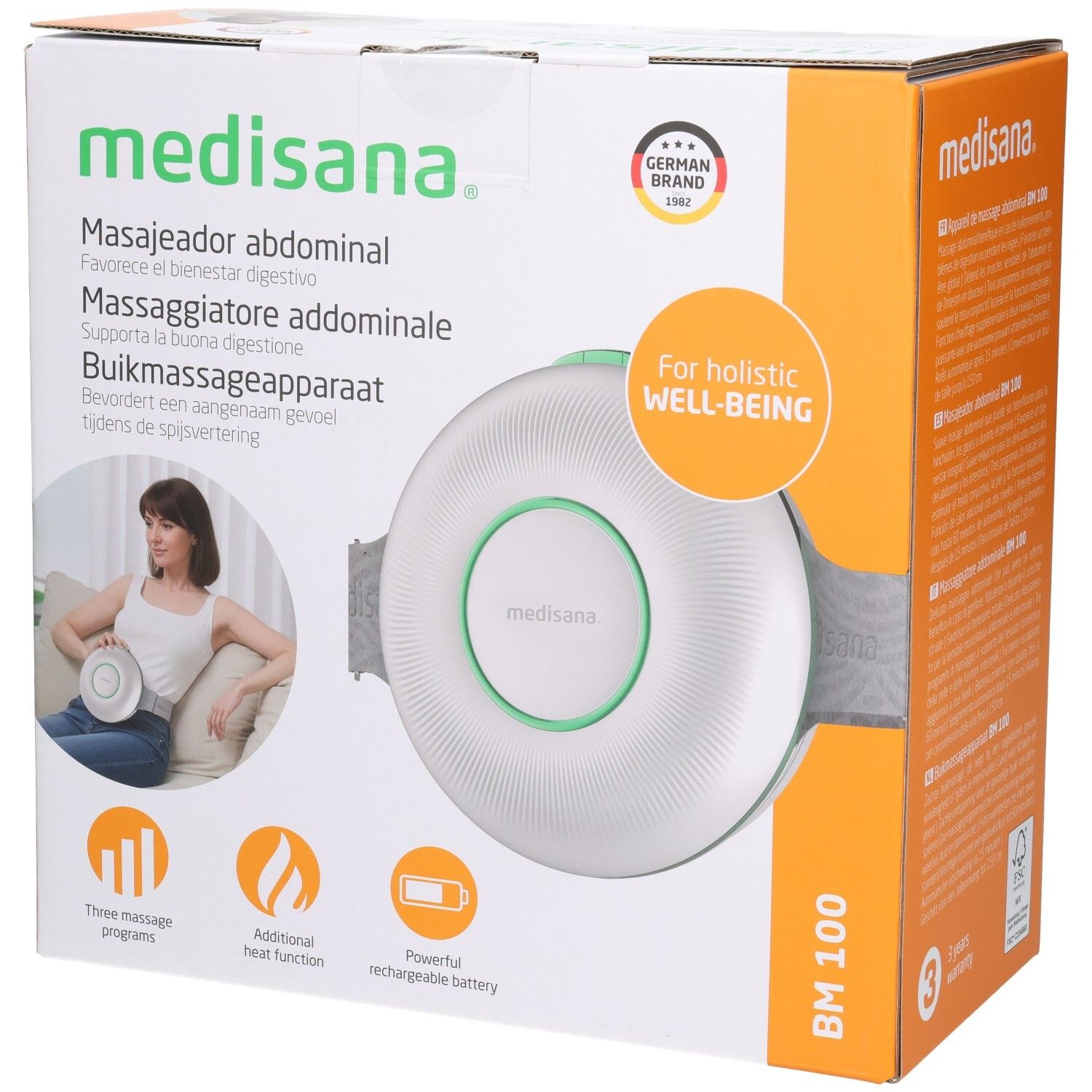 Medisana BM 100 appareil de massage abdominal blanc avec accents verts, sur l'emballage.